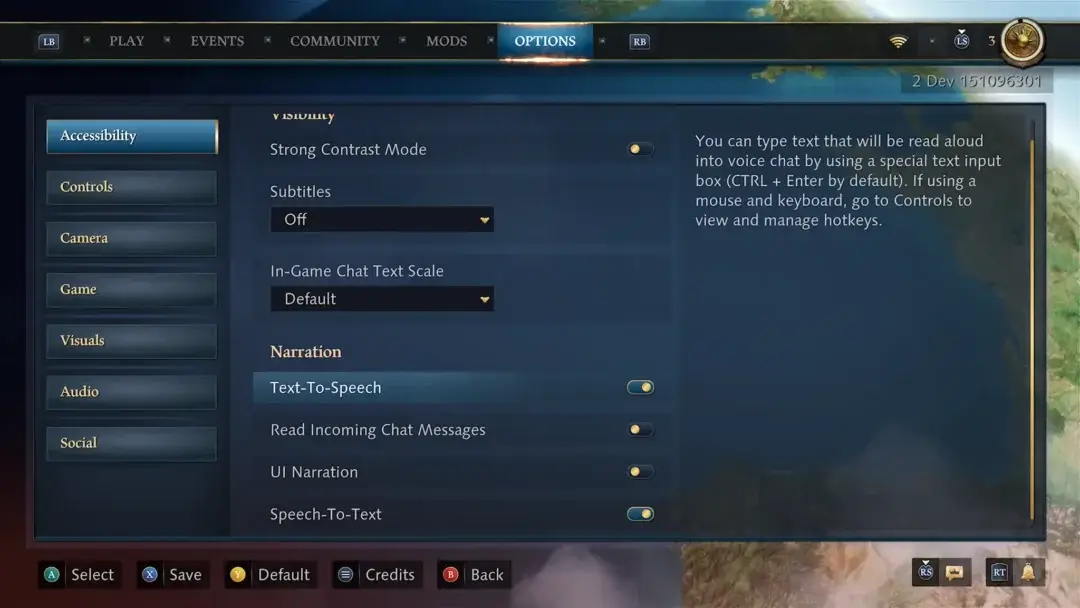 Screenshot showing the Accessibility settings options with text-to-speech and speech-to-text selected